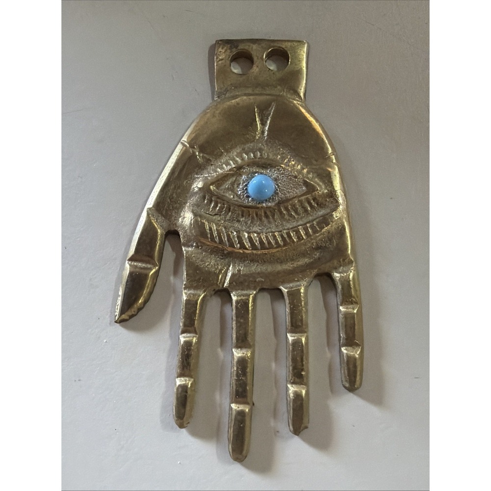 Vintage Bronze XL Hamsa Pendant Patina Hand of Fatima Turquoise Pendant